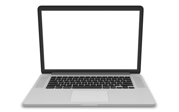 Laptop with blank screen isolated on white background, white aluminium body. 3D illustration, 3D rendering.