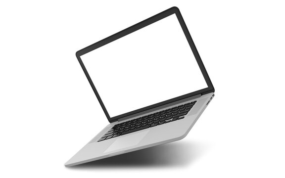 Laptop with blank screen isolated on white background, white aluminium body. 3D illustration, 3D rendering.