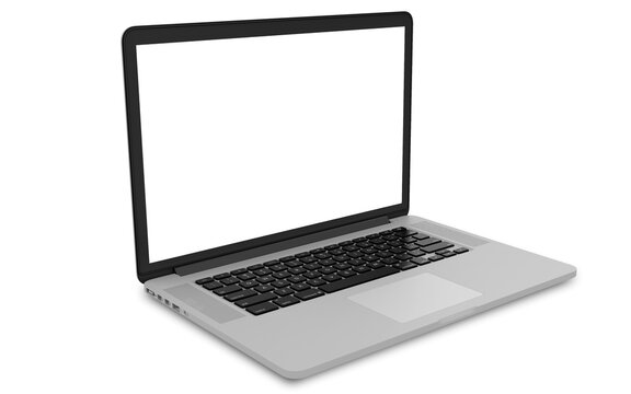Laptop with blank screen isolated on white background, white aluminium body. 3D illustration, 3D rendering.