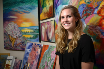Fototapeta premium Portrait of a counselor with a creative and artistic side, surrounded by colorful paintings and inspirational quotes, inspiring her patients to find their own unique path, generative ai