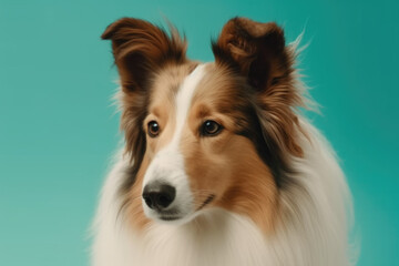  Fluffy Shetland Sheepdog. Cute dog with a fluffy coat, isolated on blue pastel background with copy space. Pet concept AI Generative