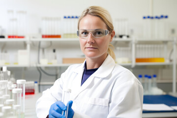 Portrait of a dedicated Occupational Health and Safety Specialist with a ponytail and a white lab coat, standing in a laboratory with test tubes and beakers in the background, generative ai