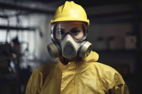 Portrait of a determined Occupational Health and Safety Specialist with short hair and a yellow hard hat, examining a chemical plant with a gas mask in her hand, generative ai