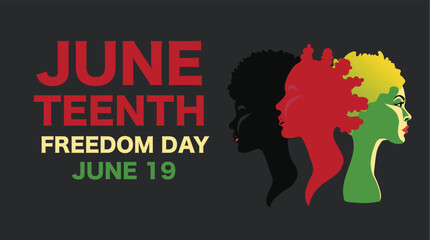 Juneteenth Independence Day. Freedom or Emancipation day. Annual american holiday, celebrated in June 19. African-American history and heritage. Poster, greeting card, banner and background.