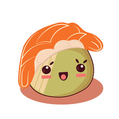 Cute sushi icon in kawaii style with smiling face and pink cheeks. Japanese traditional cuisine dishes. Temaki, tempura, nigiri, tamago, uramaki, futomaki.