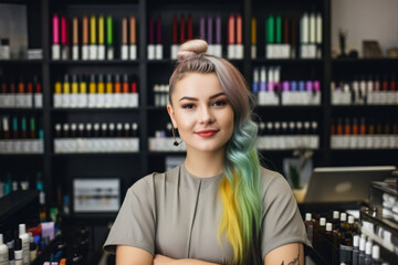 Portrait of a gorgeous cosmetologist standing confidently in her salon surrounded by colorful cosmetics and styling tools, generative ai