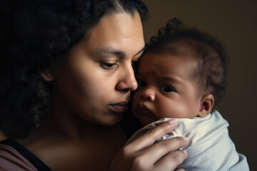 Portrait of a nurturing social worker holding a baby in her arms, with a warm and caring expression, generative ai