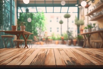 Wooden board empty table top on of blurred background. Perspective brown wood table over blur in coffee shop background. AI Generative