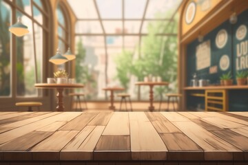 Wooden board empty table top on of blurred background. Perspective brown wood table over blur in coffee shop background. AI Generative