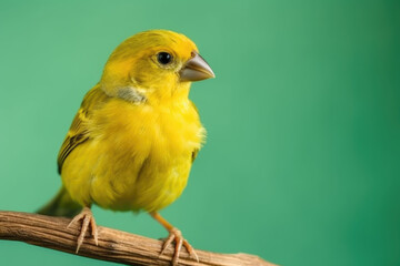Beautiful Songbird. Cheerful yellow canary perched on wooden branch on pastel green background. Copy space. Bird concept AI Generative