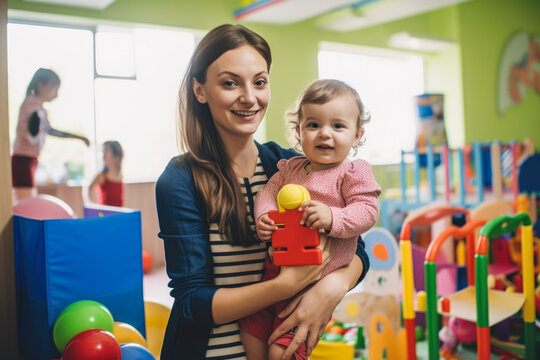 Portrait of a nurturing and compassionate female teacher in a daycare center, surrounded by colorful toys and books, holding a young child and smiling affectionately, generative ai