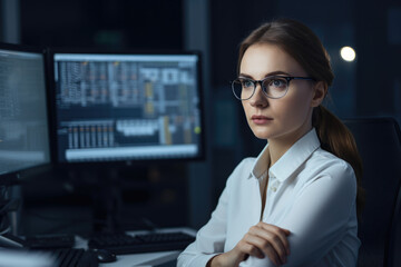 Portrait of a skilled translator sitting in front of a computer screen with a look of intense concentration on her face, generative ai