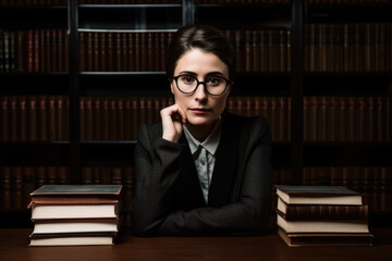 Portrait of a stunning woman librarian sitting at a table, surrounded by books, with a calm and collected expression on her face, generative ai
