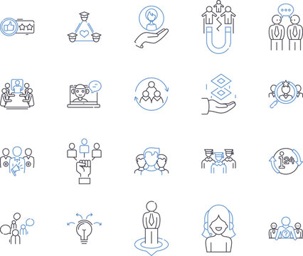 Coaching programs outline icons collection. Training, Teaching, Tutoring, Mentoring, Seminars, Courses, Programs vector and illustration concept set. Workshops, Instruction, Advice linear signs