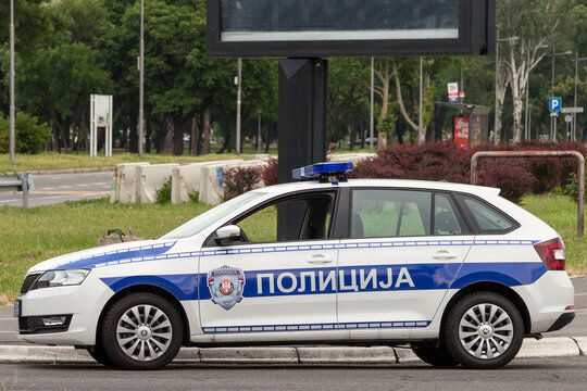 BELGRADE, SERBIA - MAY 25, 2018: Skoda brand Serbian police car patrolling in Belgrade. It belongs to the civilian police force of the country, also known as Policija