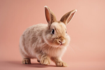 Cute Bunny Hopping with Joy. Fluffy rabbit isolated on pastel background. Copy space, Animal concept AI Generative