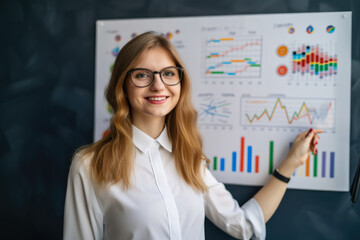Portrait of a young and vibrant female psychologist with a cheerful smile and friendly demeanor, standing in front of a whiteboard filled with colorful charts and diagrams, generative ai