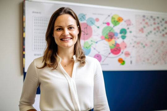 Portrait of a young and vibrant female psychologist with a cheerful smile and friendly demeanor, standing in front of a whiteboard filled with colorful charts and diagrams, generative ai