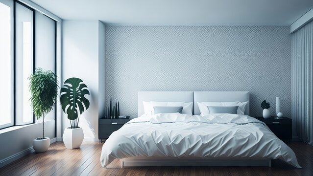 A modern mockup of a bright and spacious bedroom, illustrated in a minimalist style