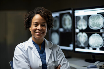 Radiologic Technologist examining an MRI scan on a computer screen with a confident smile, generative ai - obrazy, fototapety, plakaty