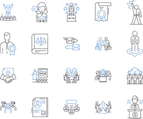 Administration and law outline icons collection. Administration, Law, Government, Politics, Judiciary, Regulations, Executives vector and illustration concept set. Legislation, Compliance, Litigation - obrazy, fototapety, plakaty