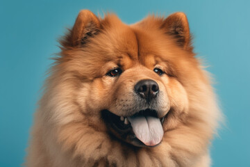 Obraz na płótnie Canvas Elegant Canine. Chow Chow showing blue tongue with a noble posture and regal grace on blue pastel background. Copy space. Animal concept AI Generative