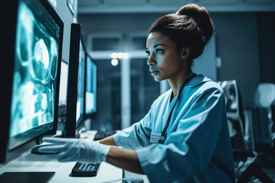 Radiologic Technologist analyzing an ultrasound image with a concentrated expression, using advanced software and wearing protective gloves, generative ai