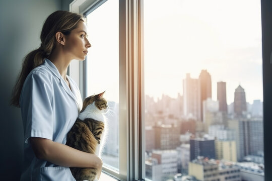 Serene veterinarian holding a fluffy cat and looking out of the window of a cozy clinic room, with a beautiful cityscape in the background, generative ai