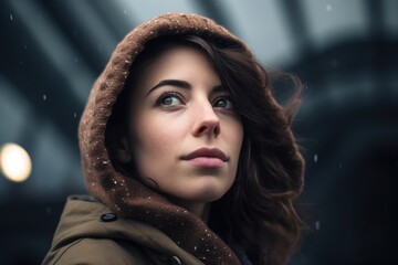 Fototapeta na wymiar Photography in the style of pensive portraiture of a pleased woman in her 20s wearing a warm parka against an observatory or space telescope background. Generative AI