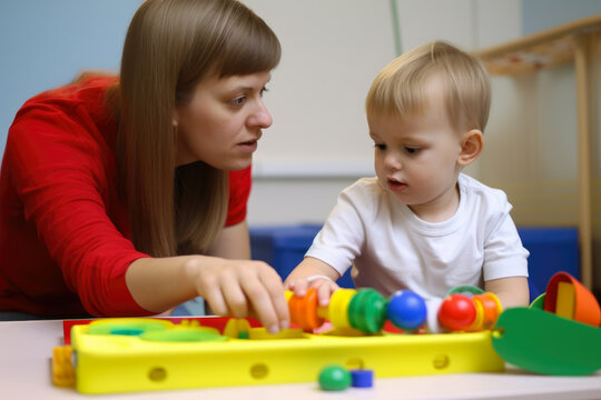 A beautiful occupational therapist working with a child patient on sensory integration, using various sensory activities, generative ai