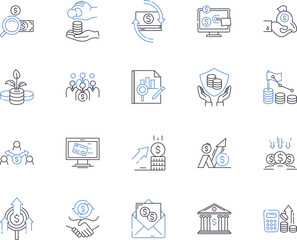Investment office outline icons collection. Investment, Office, Banking, Finance, Securities, Stocks, Share vector and illustration concept set. Equity,Funds,Interest linear signs