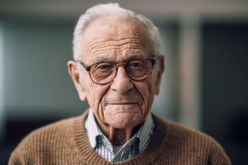 Portrait of an old man with grey hair and glasses in a brown sweater