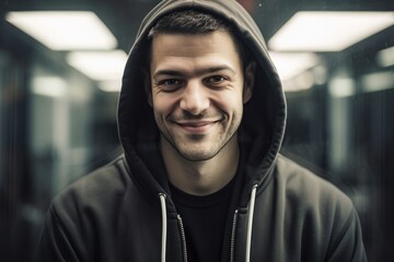 Handsome young man in hoodie looking at camera and smiling.
