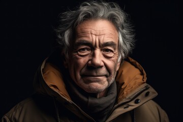 Portrait of an old man in a jacket on a black background