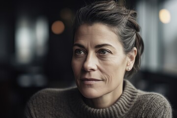 Fototapeta premium Portrait of a middle-aged woman in a brown sweater.