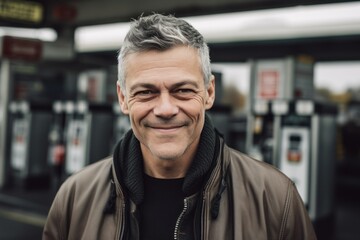 Obraz premium Portrait of smiling middle-aged man standing at gas station.
