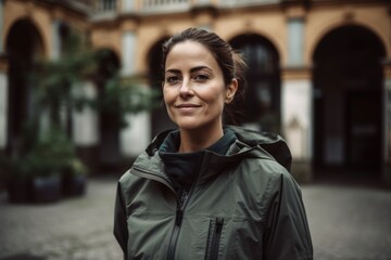 Fototapeta premium Environmental portrait photography of a grinning woman in her 30s wearing a comfortable tracksuit against an old building or architecture background. Generative AI