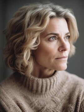 Portrait of senior woman with short wavy hair looking away.
