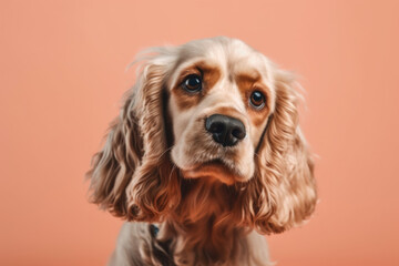 Friendly and Adorable Cocker Spaniel. Cute dog on pastel peach background with space to text. Copy space. Pet concept AI Generative