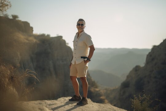 Handsome young man in a white shirt and shorts is standing on the edge of a cliff.