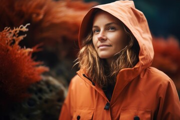 Portrait of a beautiful young woman in an orange raincoat.