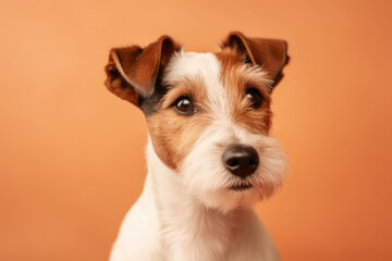 Cute Fox Terrier. Adorable pet dog isolated on pastel peach background with space to text. copy space. Loyal and intelligent companion AI Generative