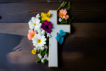 White christian cross on variety colorful flower with  grey background. Faith hope love, christianity, Easter, Good Friday, Thanksgiving, card design concept. 