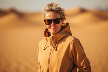 Portrait of middle-aged woman in sunglasses in the desert.