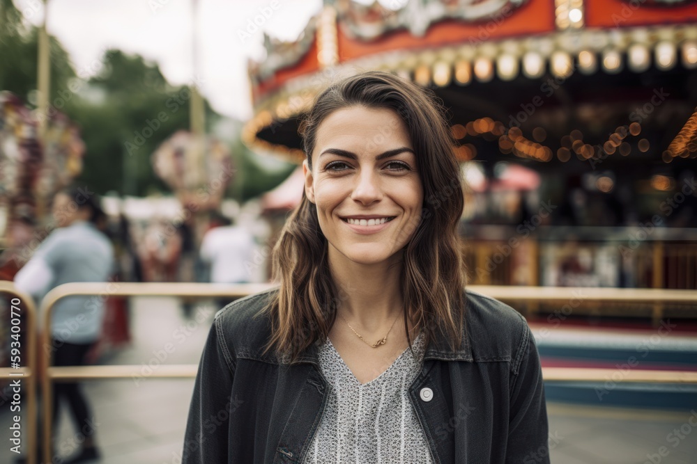 Sticker Full-length portrait photography of a grinning woman in her 30s wearing a chic cardigan against an amusement park or theme park background. Generative AI