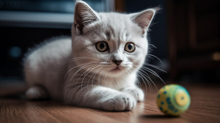 Fototapeta na wymiar A Playful British Shorthair Kitten Having Fun with a Ball