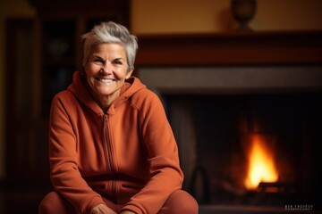 Smiling senior woman sitting in front of a fireplace at home.