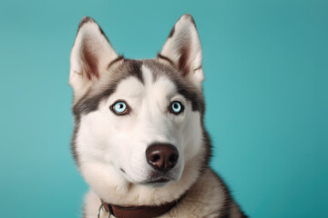 Majestic Siberian Husky. Proud dog with piercing blue eyes on blue background. Copy space. Pet concept AI Generative