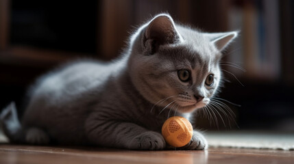 A Playful British Shorthair Kitten Having Fun with a Ball
