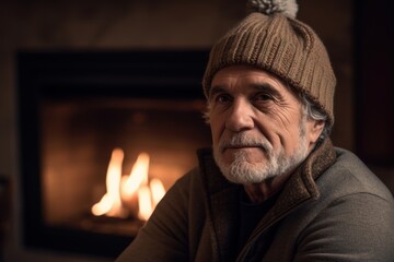 Obraz premium Portrait of a senior man sitting in front of a fireplace at home